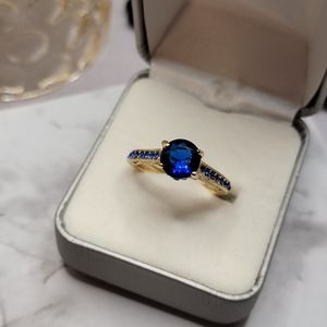 Half Eternity Solitaire Blue and Gold Ring Simulated Sapphire Blue Ring